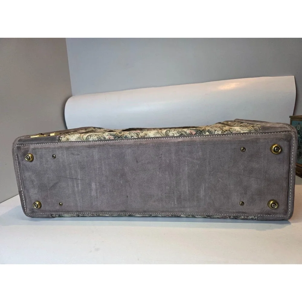 Vintage Suitcase French Luggage Co Gray Floral Rose Tapestry & Suede Leather 23